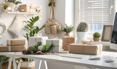 Fototapeta premium White desk with wrapped gift boxes