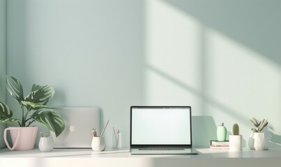 Sleek laptop on white desk, pastel background, soft natural light