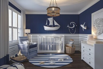 Newborn nursery with blue theme and ship decoration