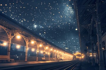 A night view of a train station with glowing lights and a starry sky above.