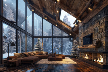 Fototapeta premium a room with a fireplace and a fireplace with a snow covered forest in the background.