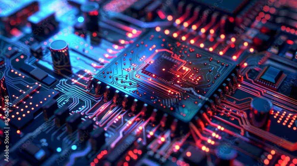 Poster glowing red and blue circuitry of a computer processor chip