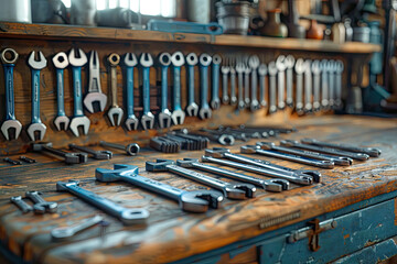 Naklejka premium a metal tool with a screwdriver on it and some other tools on the table.