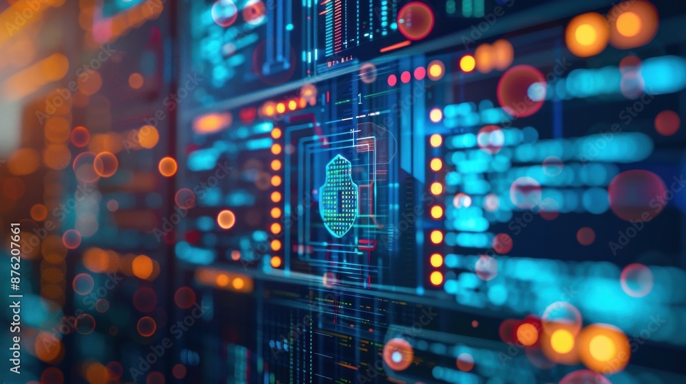 Poster computer screen displaying encrypted data transmission, encryption, secure data storage