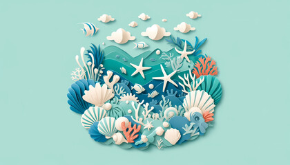 Obraz premium Underwater Coral Reef Paper Art. Illustration of a vibrant underwater scene with coral, shells, starfish, and fish, designed in a detailed paper art style.