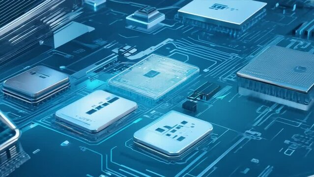 A blue electronic circuit board with a processor at its center