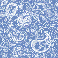 Two tone, hand drawn paisley seamless repeat pattern. Random placed, vector arabic elements aop, all over surface print on light blue background.
