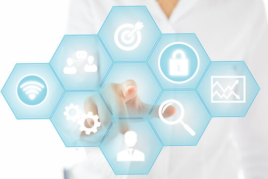 Woman pressing start button on digital screen with communication network icons