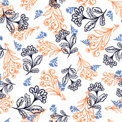 Fototapeta premium Oriental flowers with leaves seamless repeat pattern. Random placed, vector botanical aop all over surface print on white background.