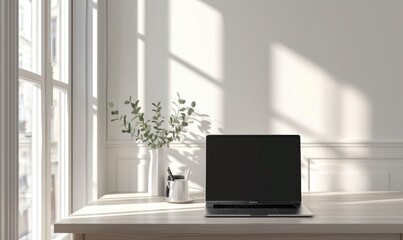Home office desk, sleek laptop on wooden surface