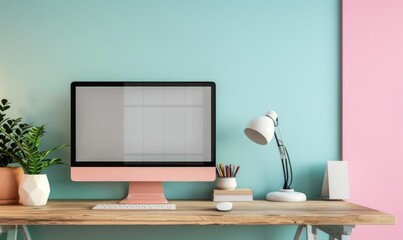 Home office desk, sleek laptop on wooden surface