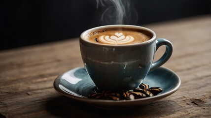 A cup of coffee, hot coffee with artwork on it