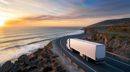 Semi-Truck Silhouette at Sunset on a Coastal Highway