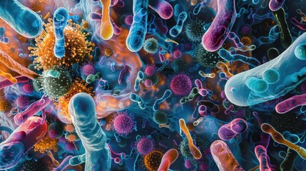 Colorful microscopic view of various bacteria and viruses, highlighting the diversity of microorganisms in a vibrant and detailed illustration.