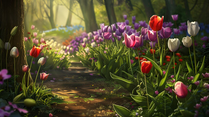 In a vibrant garden, a stunning array of tulips stands in full bloom, their colorful petals creating a captivating tapestry of red, yellow, pink, and purple. The sunlight gently bathes the flowers.