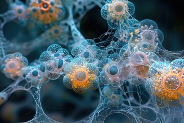 Abstract visual of intricate microscopic structures combining vibrant colors and patterns, ideal for science and technology themes.