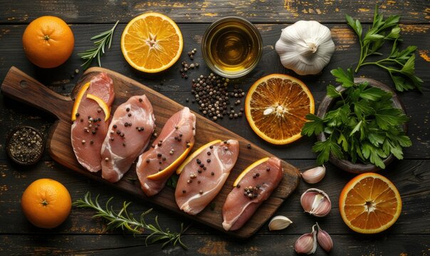 Meat ingredients on a wooden countertop, duck breasts