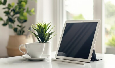 Modern home office design, tablet on minimalist desk, neutral background