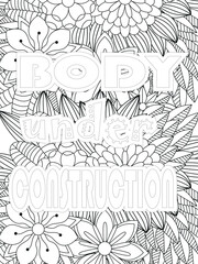 Gym Quotes Flower Coloring Page Beautiful black and white illustration for adult coloring book