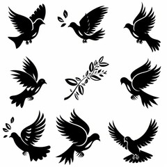 Obraz premium Peace dove graffiti, pigeons, twigs ink illustration. Flying birds silhouettes monochrome flat icons