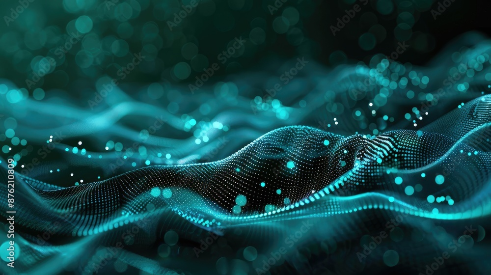 Poster abstract cyan streams of information over a dark, digital background