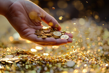 a person is holding a pile of gold coins