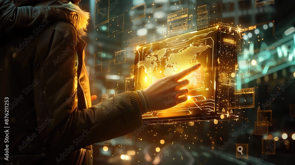 Aufkleber person interacting with a futuristic touchscreen interface displaying a glowing world map, symbolizi