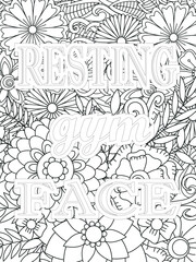 Gym Quotes Flower Coloring Page Beautiful black and white illustration for adult coloring book