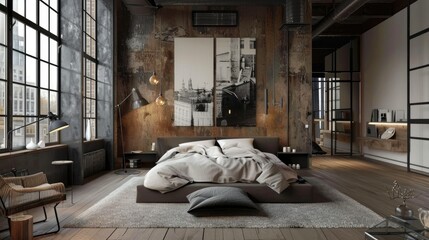 Contemporary loft-style bedroom with minimalist decor and cozy atmosphere