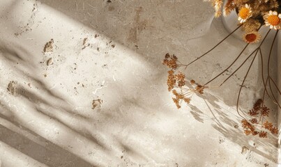 Top view of a beige stone countertop with autumn herbarium