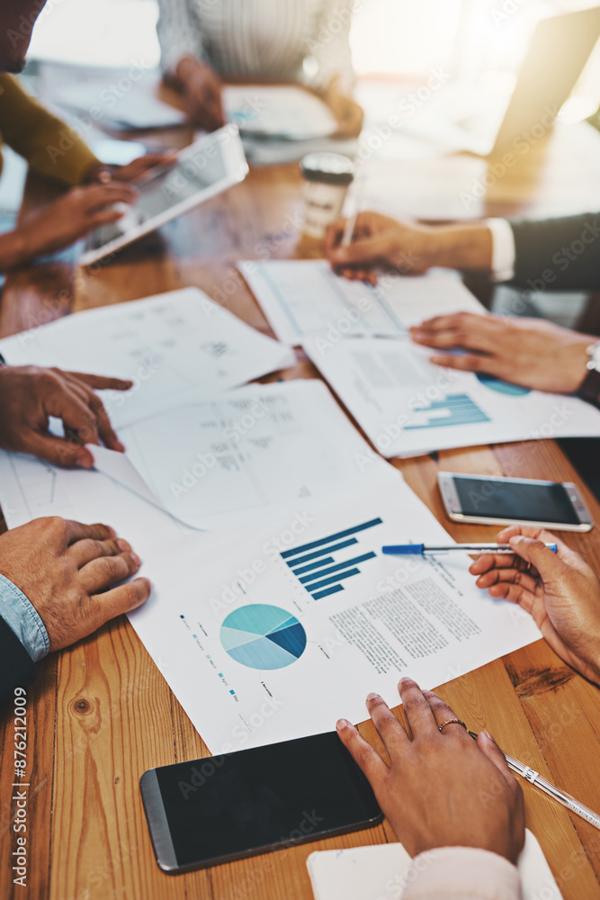 Poster business people, paperwork and hands in meeting with data analysis on market research and company in