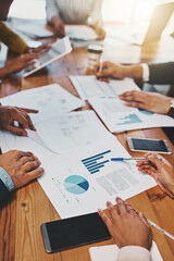Business people, paperwork and hands in meeting with data analysis on market research and company...