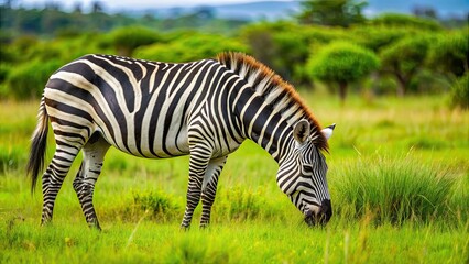 Wild zebra grazing on grass in natural habitat, wildlife, animal, safari, striped, nature, Africa, mammal