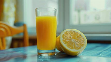 Fototapeta premium Freshly squeezed lemon juice in a clear glass, perfect for health concepts