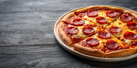 Pizza on a plate with sliced pepperoni and melted cheese, Italian cuisine, food photography, delicious, meal, dinner