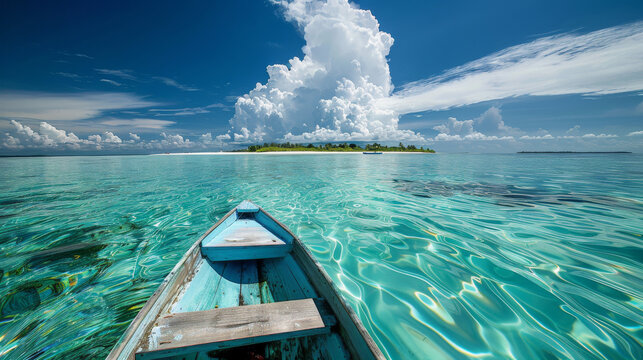 A boat floats on crystal-clear water, surrounded by a sandbank and distant island. The sky is blue with clouds, and the water is so clear that you can see the ocean floor.