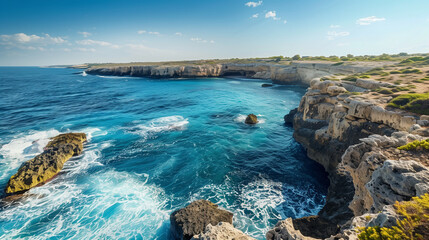 At the edge of the sea, rugged rocks rise majestically from the shoreline, weathered by the relentless embrace of waves. The crystal-clear waters gently lap against these ancient formations.