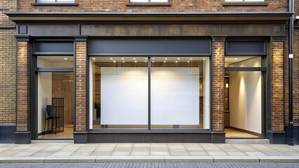 Shopfront with large windows showcasing a nameplate, shop, storefront, large windows, showcase, nameplate
