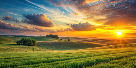 Fototapeta premium Sunset over rolling fields with smooth textures and soft gradients, sunset, rolling fields, smooth, textures
