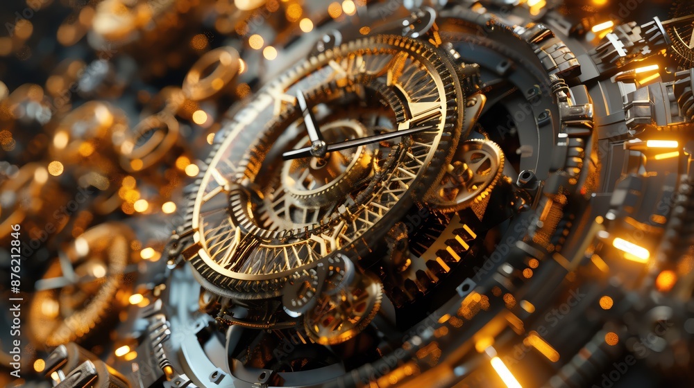 Poster intricate close-up of golden mechanical gears and cogs in a luxurious watch, showcasing precision en