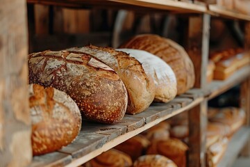 Freshly baked bread on wooden shelves.