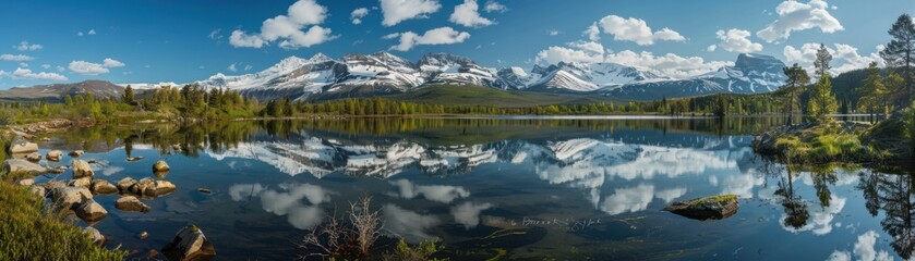 Fototapeta premium Majestic Reflections: Serene Mountain Lake with Snow-Capped Peaks in Tranquil Wilderness