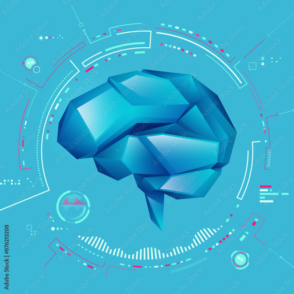 Poster concept of deep learning or brain analysis, graphic of low poly brain with futuristic interface