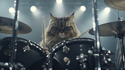 Funny cat plays the drums.