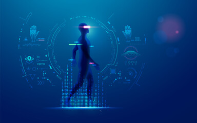 concept of vr or virtual reality, graphic of man with laser element using augmented reality interface © Jackie Niam