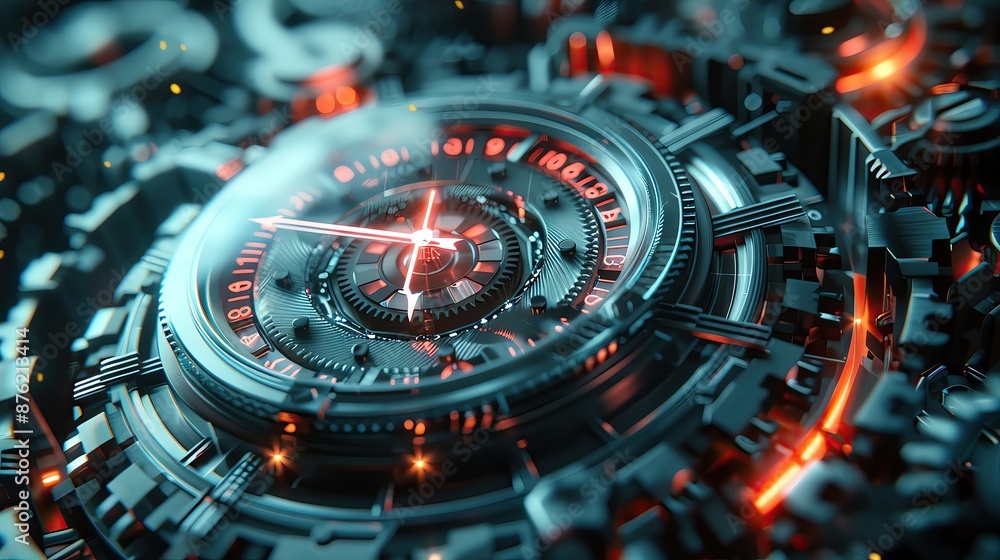 Poster intricate close-up of a futuristic clockwork mechanism with glowing red accents, showcasing precisio