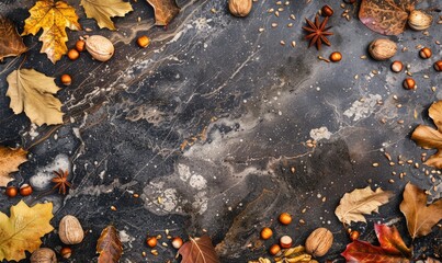 Obraz premium Top view of a dark granite countertop, frame of autumn leaves and nuts