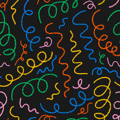 Seamless pattern with chaotic squiggly colorful crayon lines. Vector outline background. Abstract curly and quirky charcoal doodles