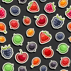 Vector Berry Seamless Pattern, decorative background with many flying ripe berry fruits for wrapping paper or bed linen, square placard with various flat lay berries on black background for home decor