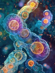 Colorful microscopic view of cells dividing and replicating, showcasing the intricate details of cellular structures and life processes.